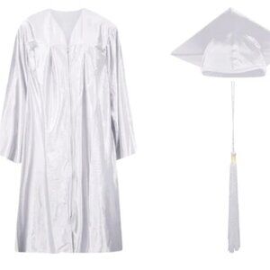 NEW Adult L White Satin Graduation Cap & Gown With Tassel